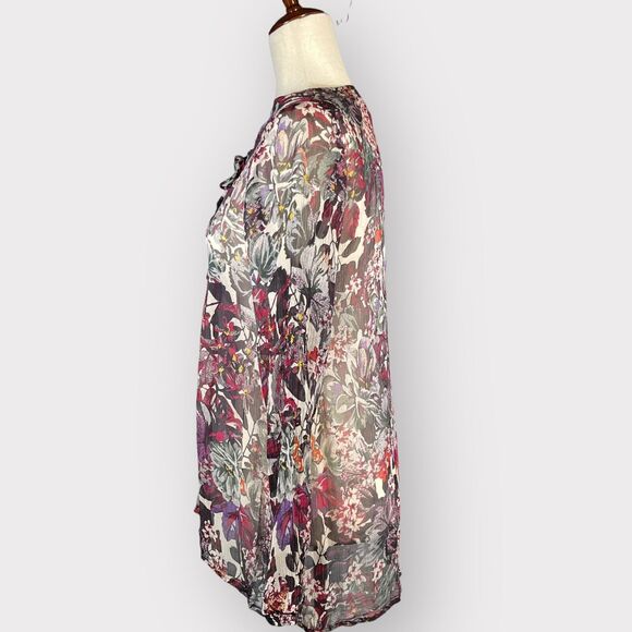 Lucky Brand Top Women M Multicolor Floral Boho Sheer‎ Button-Front Viscose C42 - Picture 3 of 11